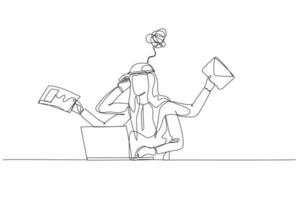 Drawing of arab man dizzy stressed because of daily work receive email sending paper. Single line art style vector