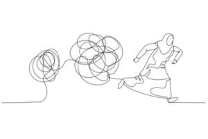 Cartoon of muslim woman running away from tangled line ball concept of avoid problem. Single continuous line art vector