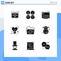 Set of 9 Commercial Solid Glyphs pack for camera stars clock heart display Editable Vector Design Elements