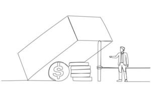 Cartoon of businessman trying to reach dollar profit in the trap metaphor of business risk. Single line art style vector
