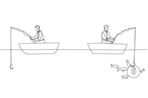 Illustration of businessman fishing dollar money profit sitting in boat. Single continuous line art vector