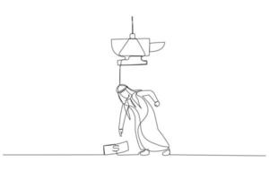 Cartoon of arab man almost crushed by anvil money trap. Continuous line art vector