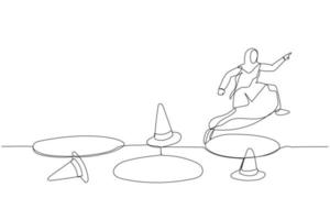 Cartoon of muslim business woman jump pass many pitfalls to achieve metaphor of avoid adversity. Single line art style vector