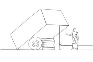 Cartoon of muslim business woman trying to reach dollar profit in the trap metaphor of business risk. Single line art style vector