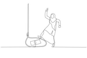 Illustration of muslim business woman tricked with money bait get trap because greedy. Single continuous line art style vector