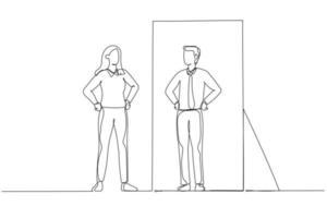 Cartoon of business woman looking at opposite gender of self on mirror reflection. Single line art style vector