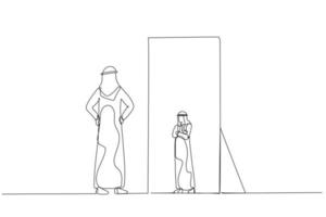 Drawing of arab man looking at the mirror seeing timid mini version of self. Single line art style vector