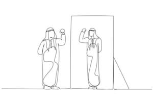 Illustration of fat arab man looking into mirror seeing fit lean healthy version. One continuous line art style vector