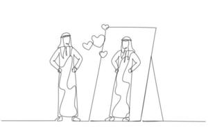Drawing of arab man looking into mirror self loving mental health. Single line art style vector