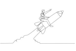 Drawing of businessman riding pencil rocket flying in the sky concept of education. Continuous line art style vector