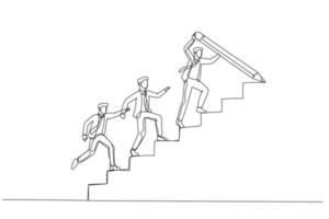 Illustration of businessman draw stair with pencil to lead team walk up leader guide team concept of growth. Single line art style vector