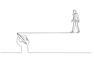 caricatura de mujer de negocios caminando siguiendo la línea de guía escrita por el concepto de orientación del hombre. estilo de arte de una sola línea vector
