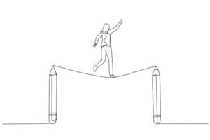 Cartoon of businesswoman walk tightrope between pencils concept of struggle in creativity. Single continuous line art vector