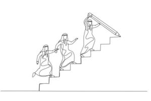 Drawing of businesswoman draw stair with pencil to lead team walk up leader guide team concept of growth. One line art style vector