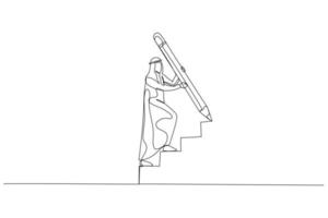 Cartoon of businesswoman use huge pencil draw staircase climbing up ladder concept of business development. Single line art style vector