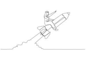 Cartoon of businesswoman riding pencil rocket flying in the sky concept of education. Single continuous line art vector