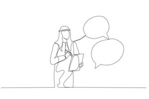 Cartoon of businesswoman taking note in the meeting while listen to others information concept of minutes of meeting. Single line art style vector