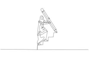 Cartoon of muslim woman use huge pencil draw staircase climbing up ladder concept of business development. Single continuous line art vector