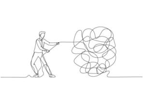 Cartoon of businessman try to unraveling tangled rope concept of solution and problem solving. One line art style vector