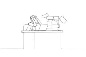 Illustration of businessman frustated sitting on office busy desk concept of overwhelmed. Single continuous line art vector