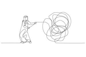 Drawing of arab man try to unraveling tangled rope concept of solution and problem solving. Single line art style vector