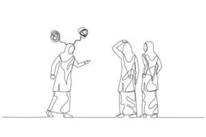 Drawing of muslim woman get angry to calm coworker metaphor of difficult people. Single continuous line art style vector