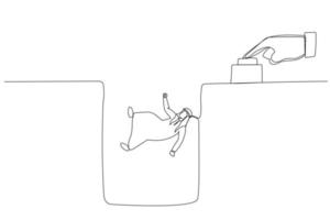 la caricatura del botón pulsador de la mano grande hace que el hombre árabe abandone el concepto de falla en el despido. estilo de arte de línea continua única vector