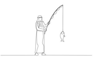 Cartoon of arab businessman fishing big fish. Single continuous line art style vector