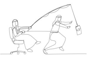 Illustration of arab businessman get bait with money slaved by boss. One line art style vector
