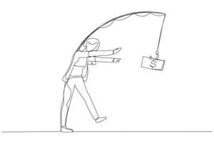 Cartoon of businesswoman walk like zombie live life with money as motivation. Single line art style vector