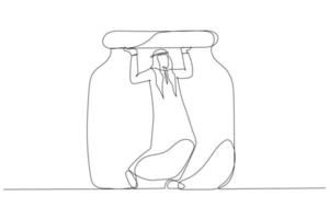 Drawing of arab man trapped in a jar concept of business limitation. Single line art style vector