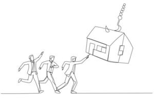 Drawing of group of businessman try to get house bait on fishing hook. Continuous line art style vector