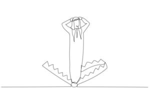 ilustración de un hombre árabe de pie atrapado en una trampa para ratones metáfora del riesgo comercial. un estilo de arte de línea continua vector