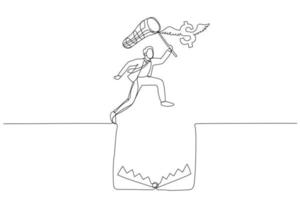 Cartoon of businessman try to catch flying dollar jump over hole of trap. One continuous line art style vector