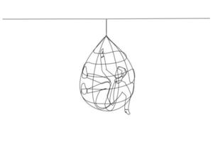 Illustration of businessman tangled in net trap metaphor of business failure get caught. Single line art style vector