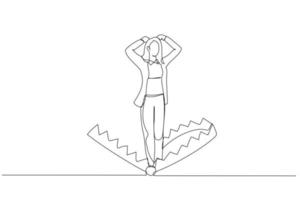 Cartoon of business woman standing being caught in mouse trap metaphor of business risk. Single line art style vector