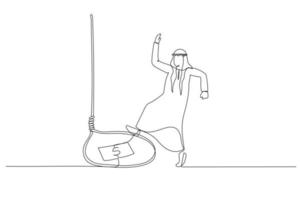 Drawing of arab man tricked with money bait get trap because greedy. Single line art style vector