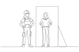 Illustration of blue collar worker looking into business woman version of self in the mirror. Single continuous line art style vector