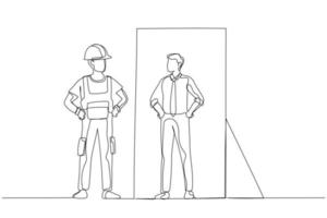 Cartoon of blue collar worker looking into businessman version of self in the mirror. One line art style vector