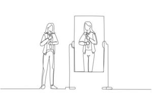 Drawing of business woman getting ready to work looking into mirror. One continuous line art style vector