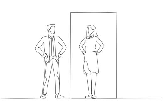 Drawing of businessman looking at opposite gender of self on mirror reflection. Single continuous line art style vector