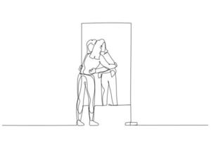 Cartoon of business woman hugging own reflection on the mirror concept of self love. Single line art style vector