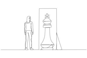 Drawing of business woman standing infront of mirror seeing inner king chess piece concept of positive mindset. Single continuous line art style vector