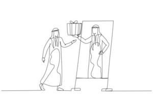 Drawing of arab man giving reward to self when achieving goal celebrate victory. Single line art style vector