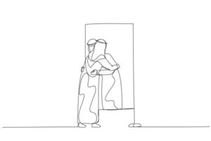 Illustration of arab man hugging own reflection on the mirror concept of self love. One line art style vector