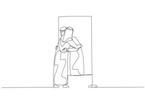 Illustration of arab man hugging own reflection on the mirror concept of self love. One line art style vector