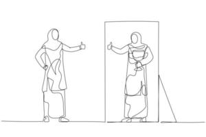 Cartoon of woman wear hijab looking into mirror self giving thumb up concept of self love. Single line art style vector