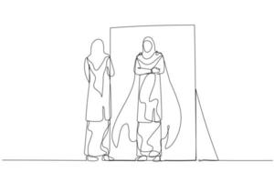 Drawing of woman wear hijab reflect self looking into inner strength in mirror. One line art style vector