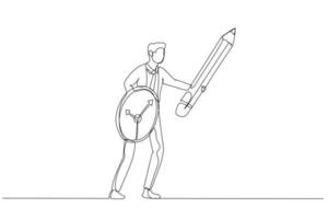 Drawing of businessman using pencil as sword and clock as shield concept of procrastination or time management. Continuous line art vector