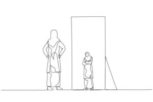 Illustration of woman wear hijab looking at the mirror seeing timid mini version of self. Single continuous line art style vector